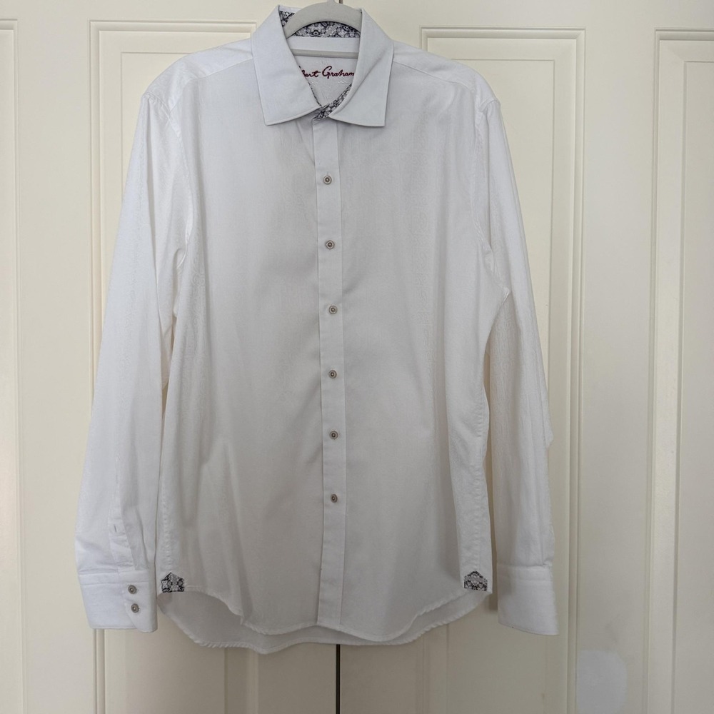 Robert Graham Shirt Mens XL White Jacquard Long Sleeve Button Up Classic Fit